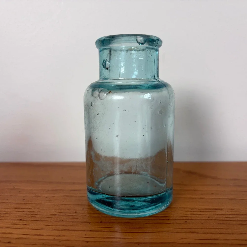 Antique Aqua Blue Glass Apothecary Bottle Hand Blown Bubbled Inkwell